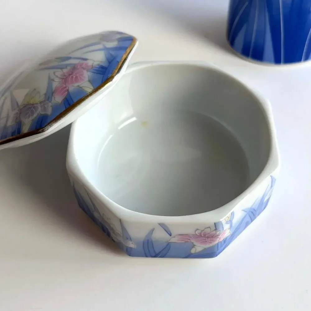 VTG Porcelain Ceramic Vase & Lidded Dish Kozan Gama Otagiri Japan Iris Floral
